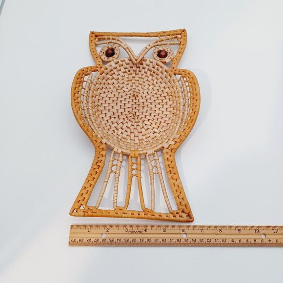 Vtg MCM OWL Rattan Raffia Boho Wall Trinket Table Decor Nature - Picture 7 of 8